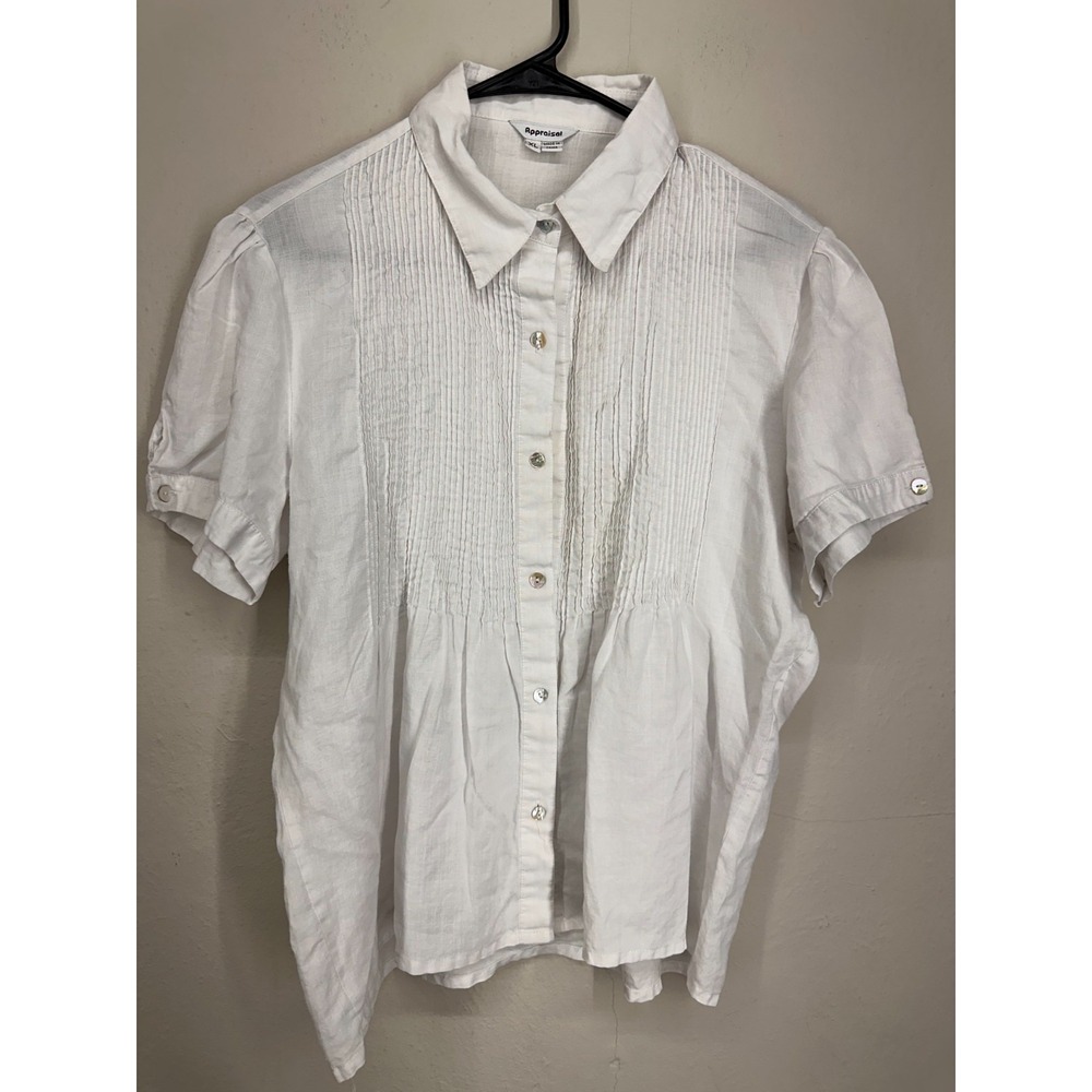VTG 100% Ramie Pleated Shirt Top Women XL White Short Sleeve Collared Button-Up